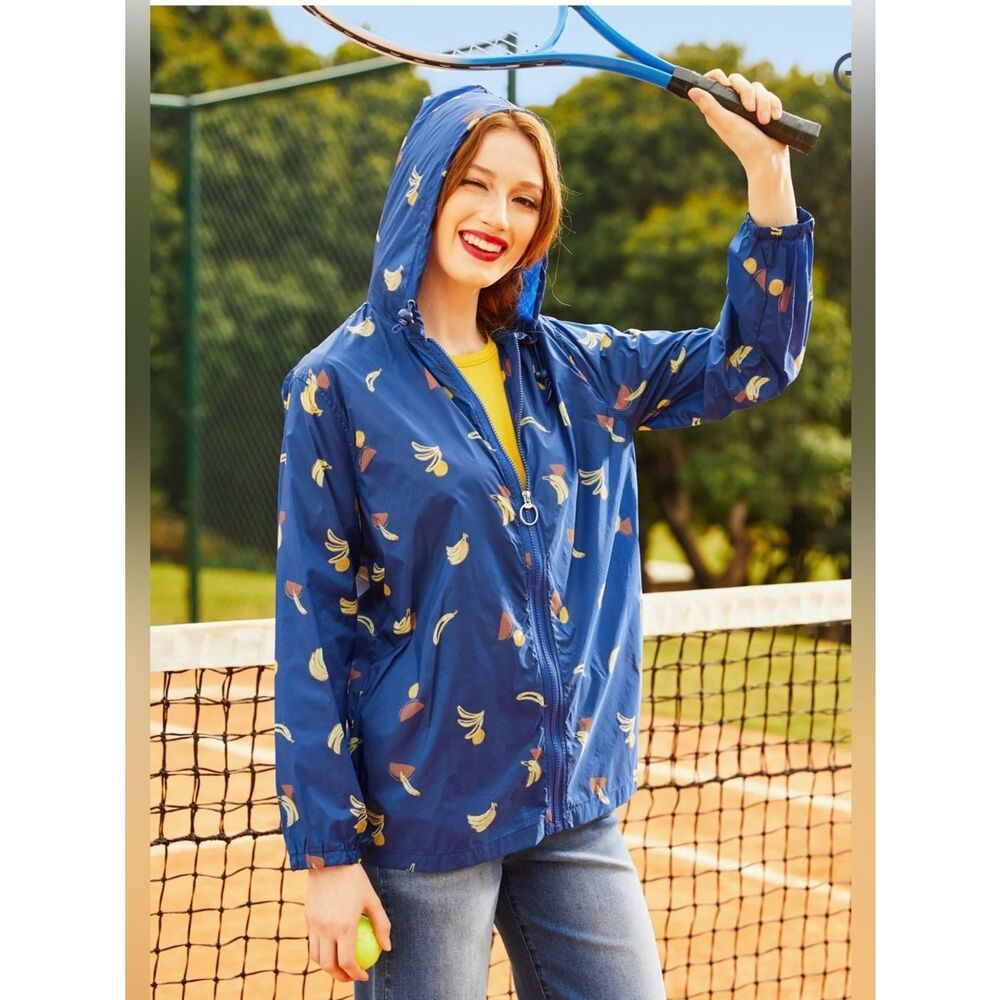 Modcloth Royal Blue Mind At Breeze Windbreaker Nylon Rain Jacket Fruit M